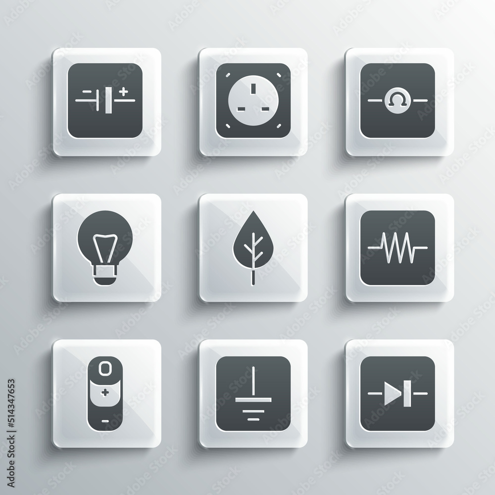 Set Electrical symbol ground, Diode in electronic circuit, Resistor, Leaf Eco, Battery charge, Creative lamp light idea, DC voltage source and Ohmmeter icon. Vector Set Electrical symbol ground, Diode in electronic circuit, Resistor, Leaf Eco, Battery charge, Creative lamp light idea, DC voltage source and Ohmmeter icon. Vector