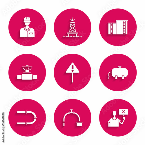 Set Exclamation mark in triangle, Industry pipe and valve, Nature saving protest, Oil industrial factory building, and Oilman icon. Vector