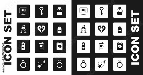 Set Wedding cake, Candy heart shaped box, Glass of champagne, Speech bubble text I love you, Please do not disturb with, Key, Calendar and icon. Vector