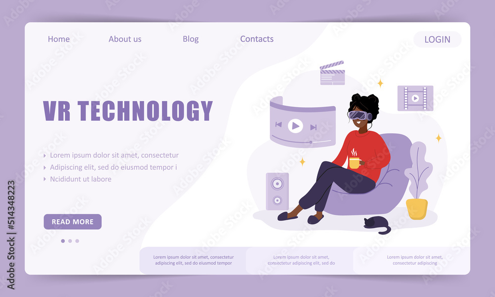 VR technology landing page template. African woman in VR glasses watching TV. Metaverse or Cyberspace concept. Modern technology entertainment. Vector illustration in flat cartoon style.