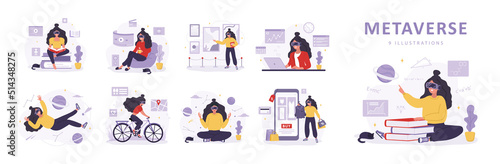 Metaverse concept. Women in virtual glasses learning, meditating, working and doing sport. Girls wearing VR headsets. Modern technological entertainment. Set of vector illustrations in flat style.