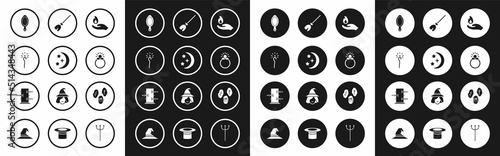 Set Hand holding a fire, Moon stars, Magic staff, hand mirror, stone ring with gem, Witches broom, runes and Trunk for magic tricks icon. Vector