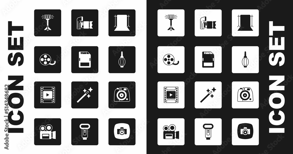 Set Empty photo studio, SD card, Film reel, Studio light bulb in softbox, Dust blower, Photo camera, and Camera film roll cartridge icon. Vector Set Empty photo studio, SD card, Film reel, Studio light bulb in softbox, Dust blower, Photo camera, and Camera film roll cartridge icon. Vector