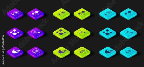 Set Mortar and pestle, Atom, Molecule, Genetically modified apple, Medicine pill tablet and icon. Vector