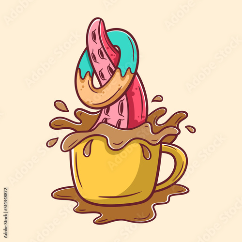 Coffee cup and doughnut with tentacle cartoon illustration