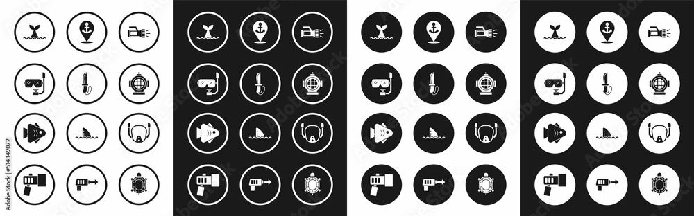 Set Flashlight, Knife, Diving mask and snorkel, Whale tail ocean wave, Aqualung, Location with anchor, and Fish icon. Vector Set Flashlight, Knife, Diving mask and snorkel, Whale tail ocean wave, Aqualung, Location with anchor, and Fish icon. Vector
