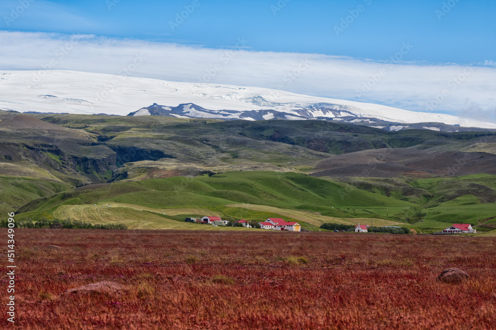 Red grass and roof. Beautiful vulcanic island in the ocean. Iceland.