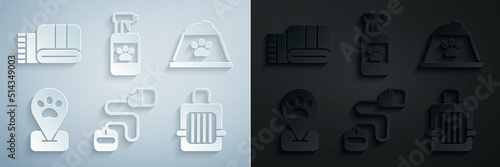 Set Retractable cord leash, Pet food bowl, Location pet grooming, carry case, shampoo and Towel stack icon. Vector