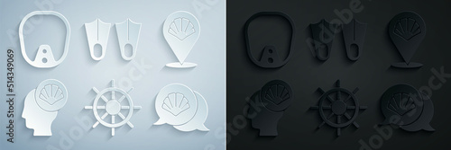 Set Ship steering wheel, Scallop sea shell, Rubber flippers and Diving mask icon. Vector