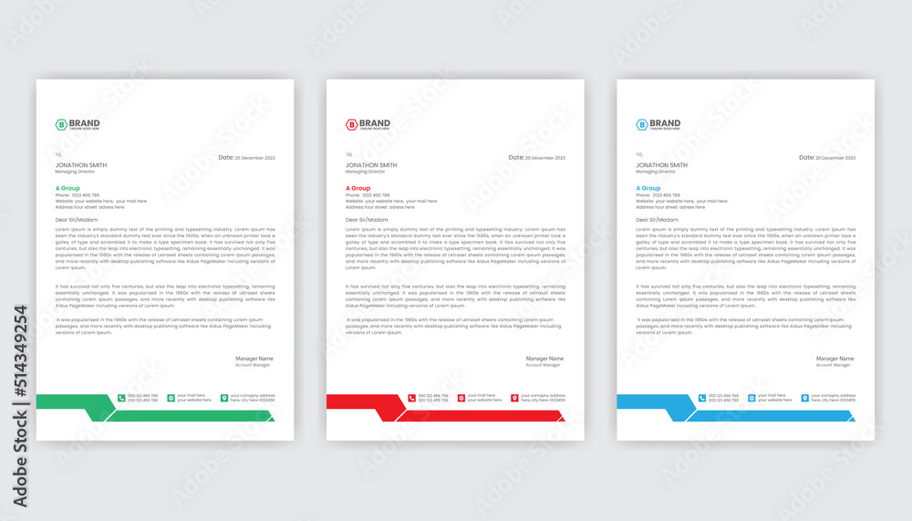 Professional company business a4 size clean and modern letterhead design template. Modern elegant green, blue and red color letterhead bundle design