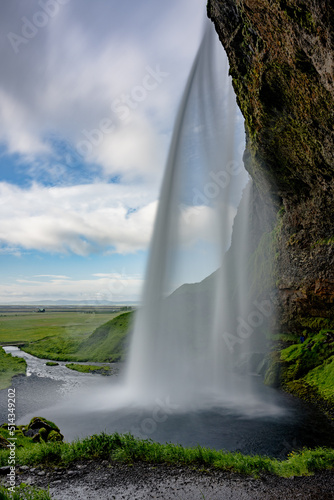 Behind the Seljalandfoss waterfall. Beautiful vulcanic island in the ocean. Iceland.