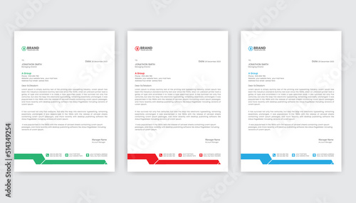 Professional company business a4 size clean and modern letterhead design template. Modern elegant green, blue and red color letterhead bundle design