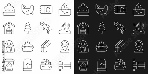 Set line Flag of Iceland, Location flag, Northern lights, Ticket in, Tree, Farm house, Beanie hat and Fish icon. Vector