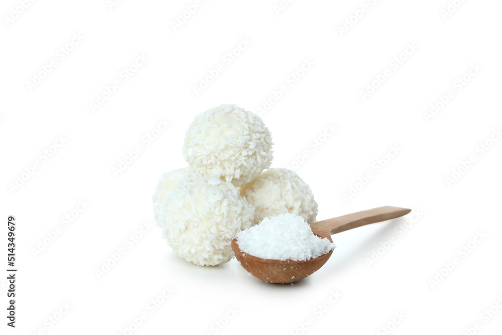 Concept of tasty sweets, coconut candies, isolated on white background Concept of tasty sweets, coconut candies, isolated on white background