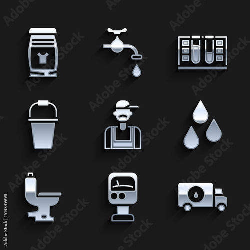 Set Plumber, Pressure water meter, service car, Water drop, Toilet bowl, Bucket, Test tube with and Laundry detergent icon. Vector