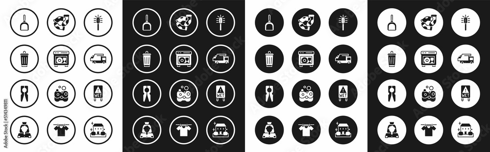 Set Toilet brush, Dishwasher machine, Trash can, Dustpan, Garbage truck, Socks, Wet floor and Clothes pin icon. Vector