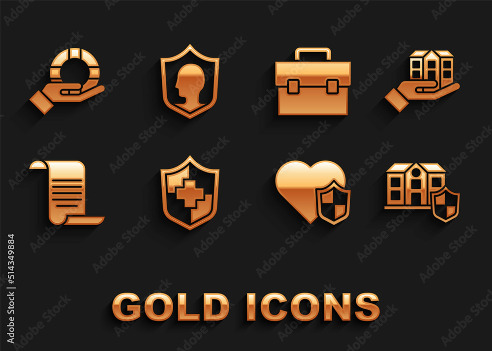 Set Life insurance with shield, House hand, Document, Briefcase, Lifebuoy and icon. Vector Set Life insurance with shield, House hand, Document, Briefcase, Lifebuoy and icon. Vector