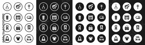 Set Toilet brush, Dishwasher machine, Trash can, Dustpan, Garbage truck, Socks, Wet floor and Clothes pin icon. Vector