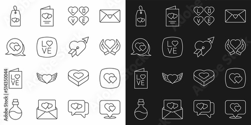 Set line Location with heart  Heart  in hand  Love text  speech bubble  Please do not disturb and Amour arrow icon. Vector