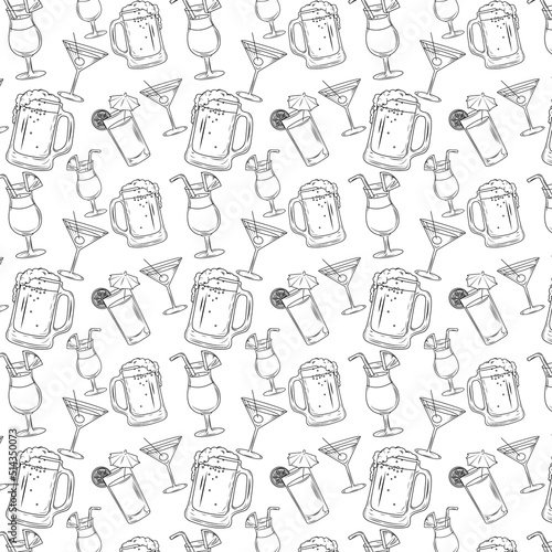 Seamless pattern with alcohol and glasses. Black and white thin line icons