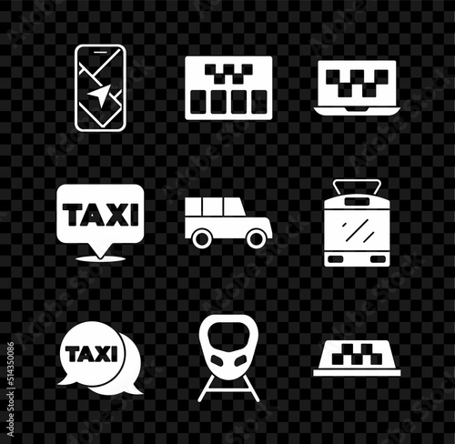 Set City map navigation, Taximeter, Laptop call taxi service, telephone, High-speed train, car roof, Location with and Car icon. Vector