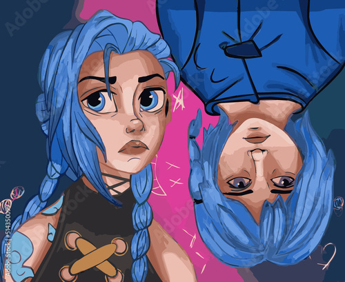 character from game league of legend drawn cartoon style with his sister art drawing