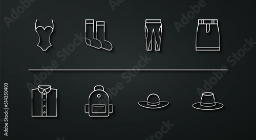 Set line Swimsuit, Shirt, Skirt, Elegant women hat, School backpack, Socks, Man and Leggings icon. Vector