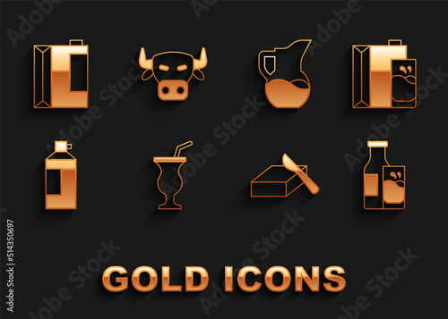 Set Milkshake, Paper package for milk, Bottle and glass, Butter in butter dish, Whipped cream bottle, jug pitcher, kefir and Cow head icon. Vector