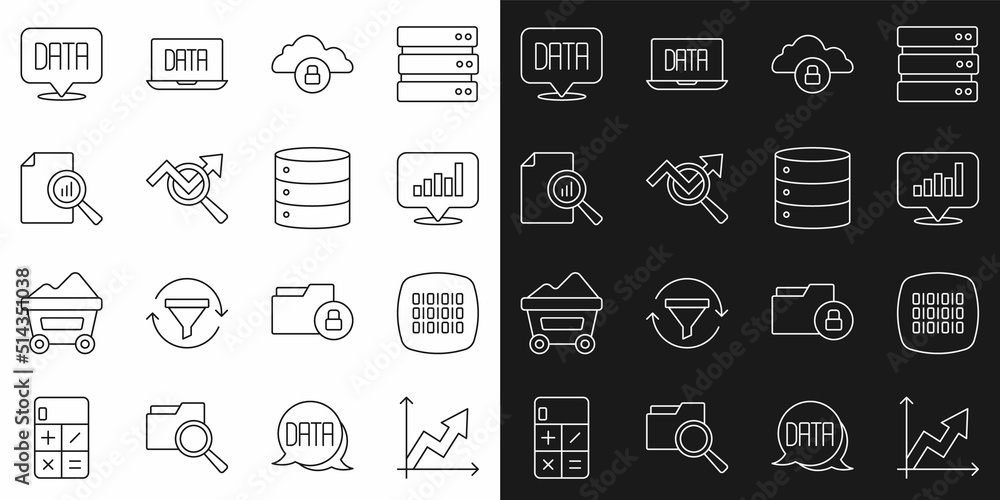 Set line Financial growth, Binary code, Pie chart infographic, Cloud computing lock, Search data analysis, Document with, Data and Server icon. Vector