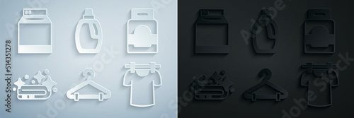 Set Hanger wardrobe, Laundry detergent, Towel stack, Drying clothes, Bottle for cleaning agent and Washer icon. Vector