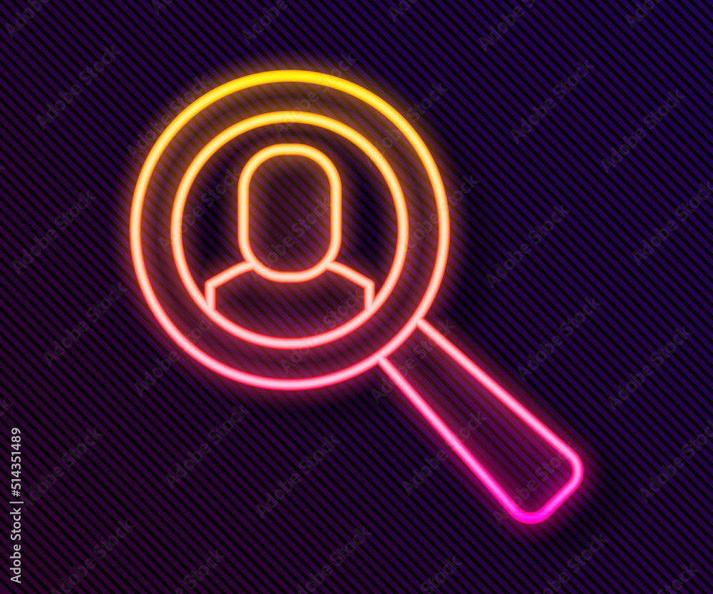 Glowing neon line Magnifying glass for search job icon isolated on black background. Recruitment or selection concept. Search for employees and job. Vector Glowing neon line Magnifying glass for search job icon isolated on black background. Recruitment or selection concept. Search for employees and job. Vector
