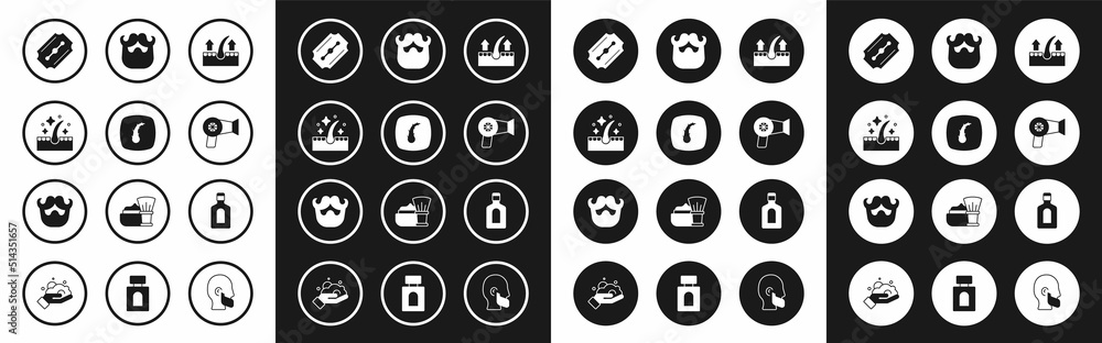 Set Human hair follicle, Oil for care treatment, Blade razor, Hair dryer, Mustache and beard, Bottle of shampoo and icon. Vector Set Human hair follicle, Oil for care treatment, Blade razor, Hair dryer, Mustache and beard, Bottle of shampoo and icon. Vector