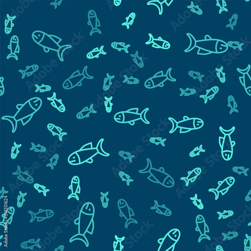 Green line Fish icon isolated seamless pattern on blue background. Vector