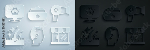 Set Baldness, Hair dryer, Oil for hair care treatment, Barbershop building, Gel wax styling and icon. Vector