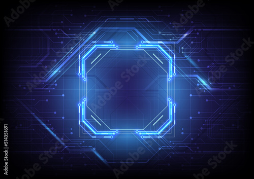 Abstract hardware and software background. Circuit board, frame, Chip processor, Mainboard and code programmer. Computer HUD tech. Pixels screen and database coding. Blue neon lighting effect