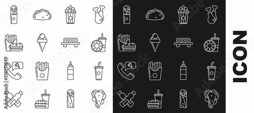 Set line Sandwich, Paper glass with drinking straw water, donut, Popcorn cardboard box, Ice cream waffle cone, Burger french fries carton package, Doner kebab and Sushi cutting icon. Vector