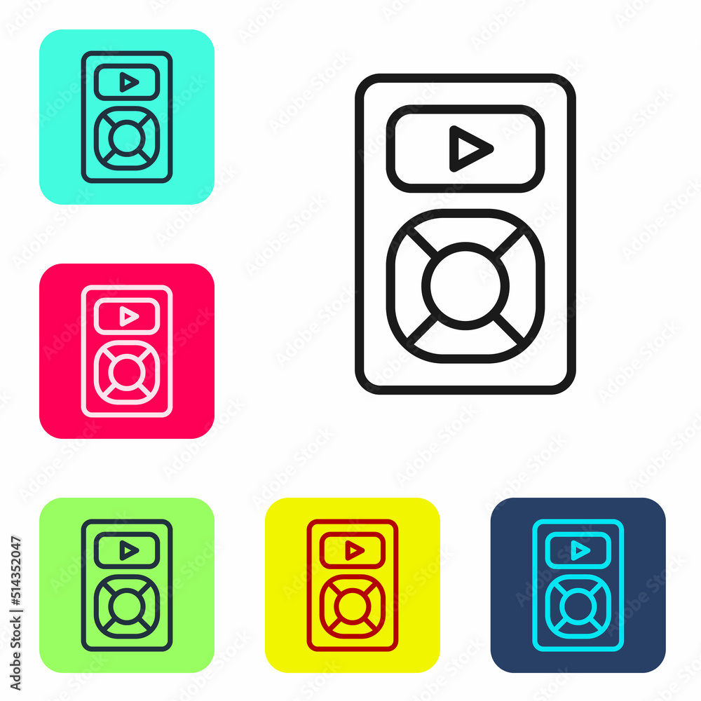 Black line Music player icon isolated on white background. Portable music device. Set icons in color square buttons. Vector Black line Music player icon isolated on white background. Portable music device. Set icons in color square buttons. Vector