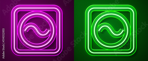 Glowing neon line AC voltage source symbol icon isolated on purple and green background. Alternating current symbol. Vector