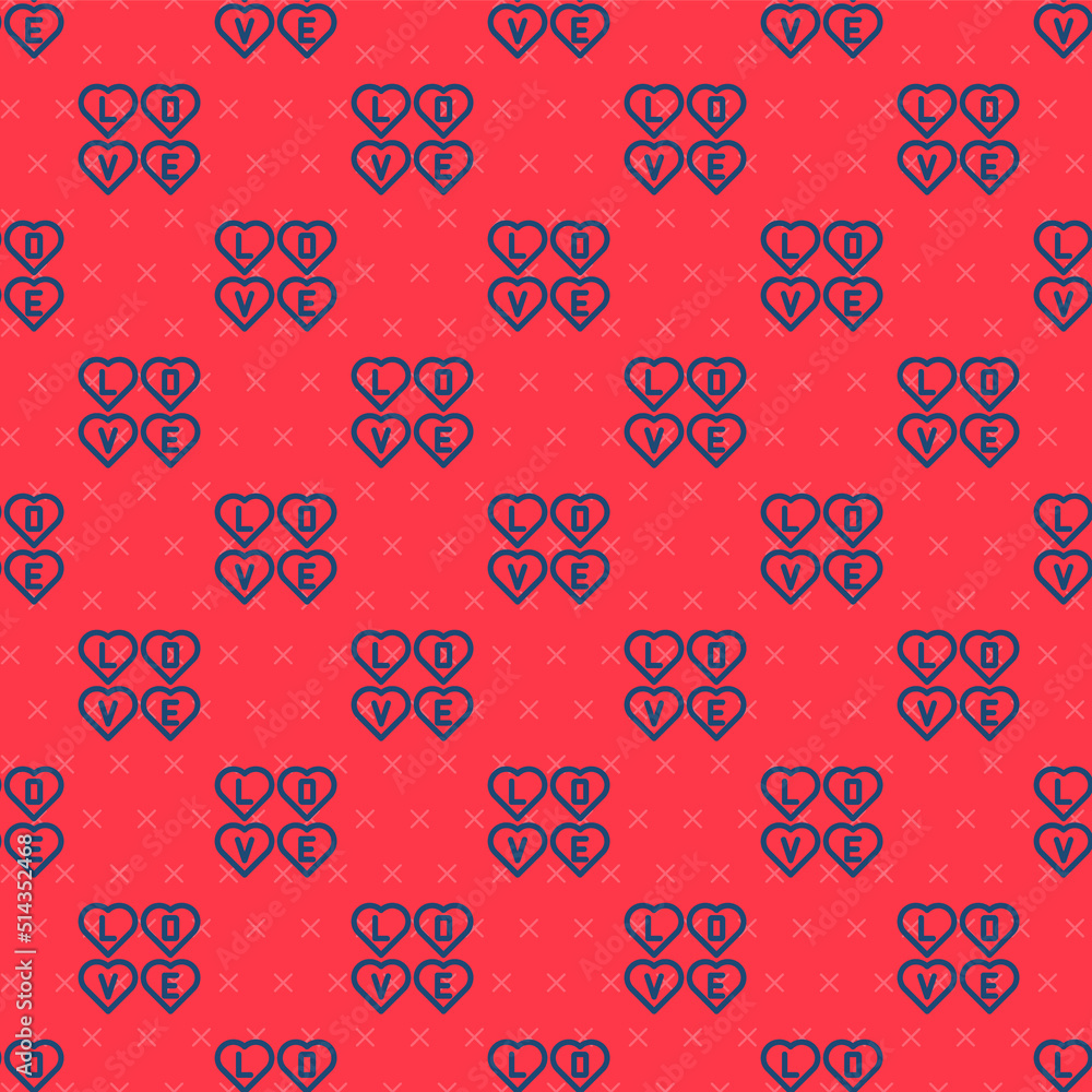 Blue line Love text icon isolated seamless pattern on red background. Valentines day greeting card template. Vector