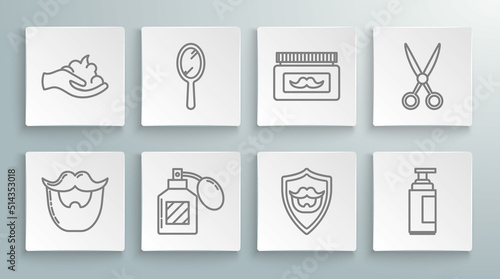 Set line Mustache and beard, Hand mirror, Aftershave, on shield, Cream lotion cosmetic tube, jar, Scissors hairdresser and Shaving gel foam hand icon. Vector