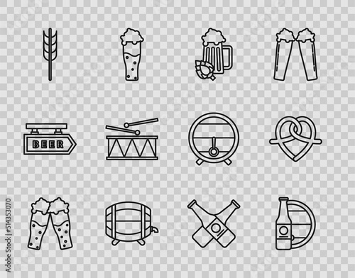 Set line Glass of beer, hop, Wooden on rack with stopcock, Cereals set rice, wheat, corn, oats, rye, barley, Musical instrument drum drum sticks, Crossed and Pretzel icon. Vector