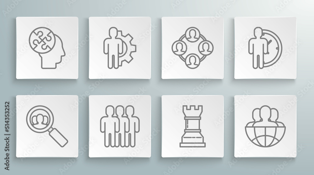 Set line Magnifying glass for search a people, Human with gear inside, Users group, Business strategy, Globe and, Project team base, Time Management and head puzzles icon. Vector Set line Magnifying glass for search a people, Human with gear inside, Users group, Business strategy, Globe and, Project team base, Time Management and head puzzles icon. Vector