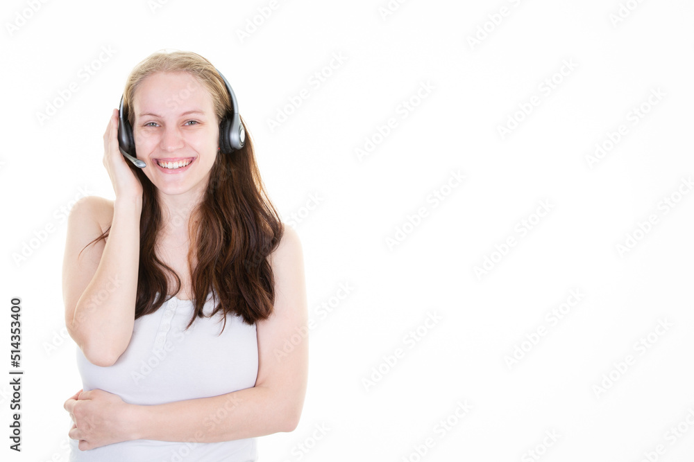 laughing woman in telephone headset in customer service call center on white background and copy space laughing woman in telephone headset in customer service call center on white background and copy space