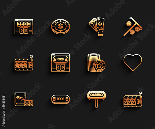 Set line Game dice and glass of whiskey with ice cubes, Poker table, Online poker game, Casino signboard, Slot machine lucky sevens jackpot, Playing card heart symbol and chips icon. Vector