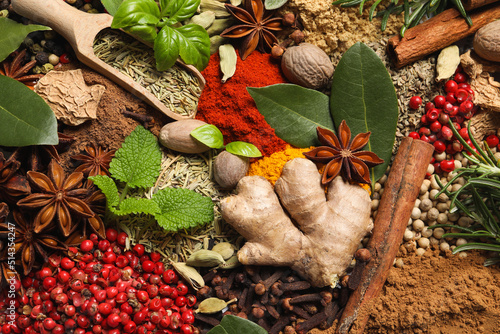 Fototapeta Naklejka Na Ścianę i Meble -  Different fresh herbs with aromatic spices as background, top view