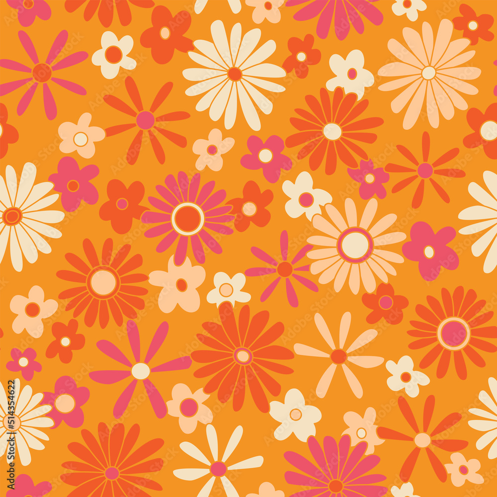 Hippie seamless vector pattern. Nostalgic retro 70s groovy print. Vintage floral background. Textile and surface design with old fashioned hand drawn naive geometric flowers Hippie seamless vector pattern. Nostalgic retro 70s groovy print. Vintage floral background. Textile and surface design with old fashioned hand drawn naive geometric flowers