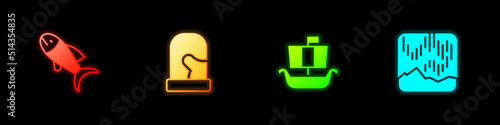 Set Fish, Christmas mittens, Viking ship Drakkar and Northern lights icon. Vector