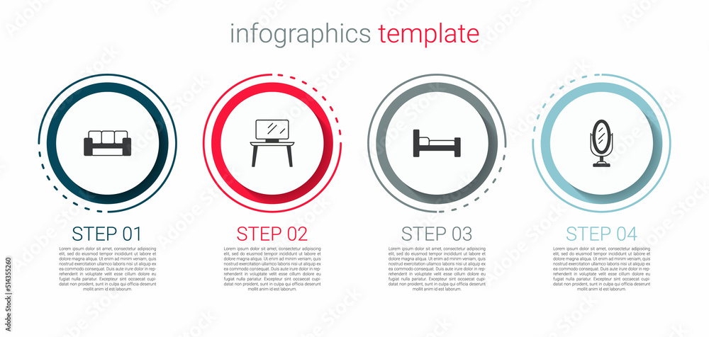 Set Sofa, TV table stand, Bed and Mirror. Business infographic template. Vector
