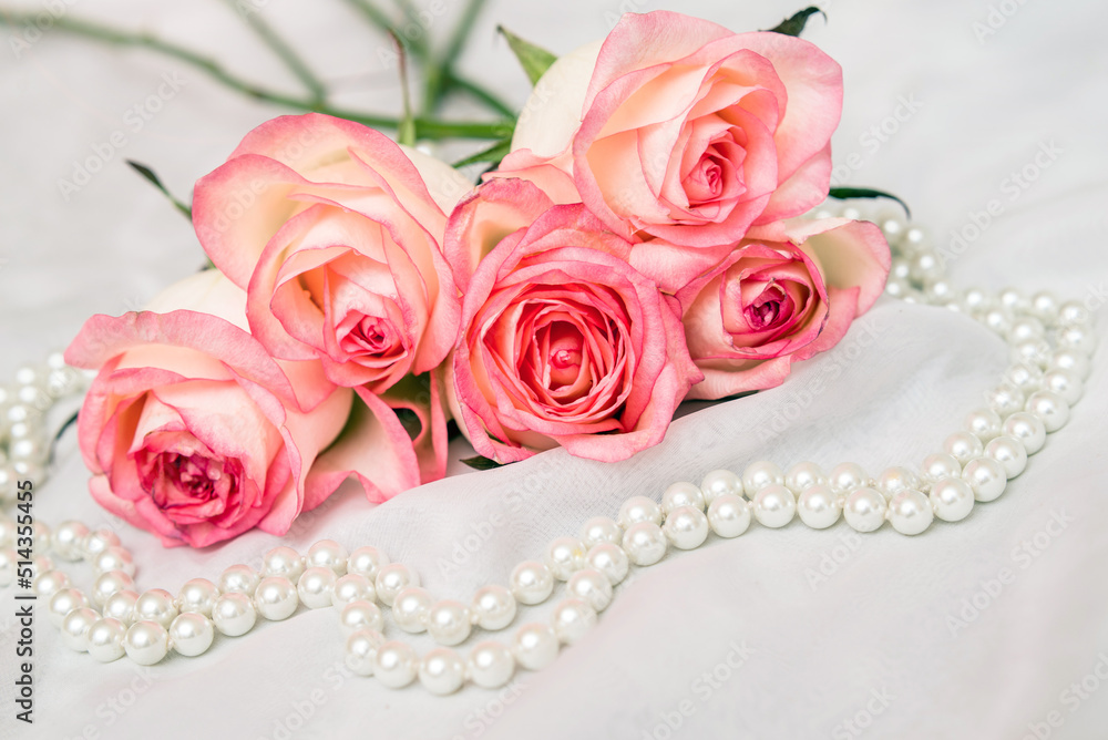 Obraz premium The branch of pink rose on white fabric background 