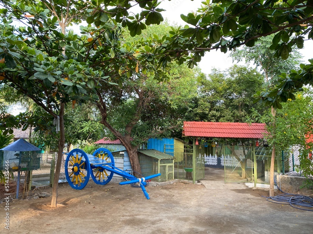 A rural setting in Tuticorin India with a farmhouse and a freshly painted bullock cart A rural setting in Tuticorin India with a farmhouse and a freshly painted bullock cart